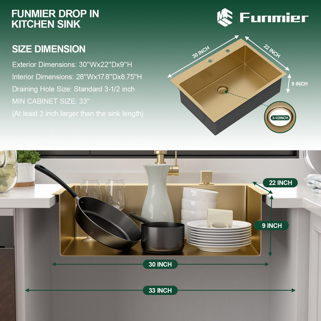 30 Inch Gold Stainless Steel Drop Sink with Offset