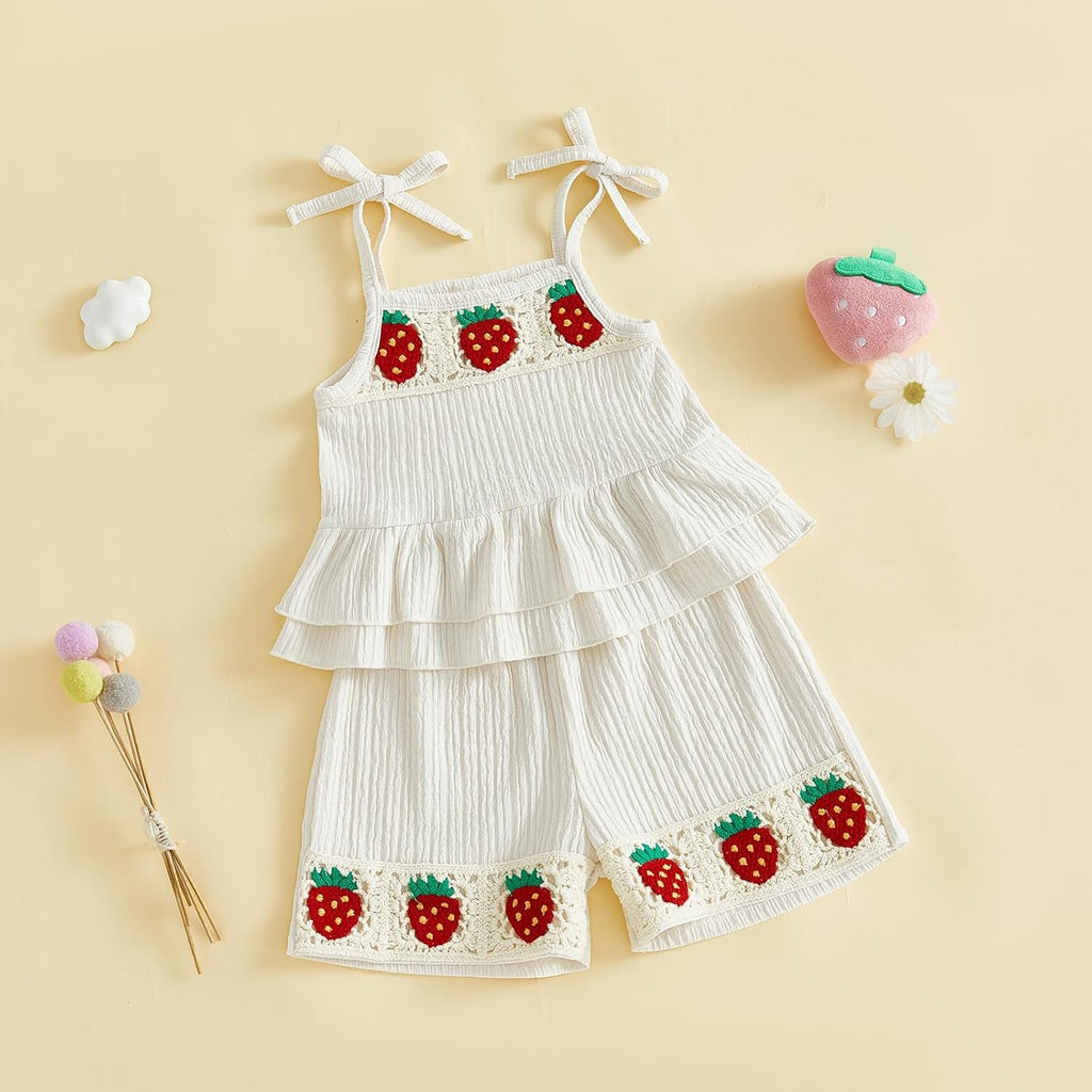 Toddler Baby Girl Summer Outfits Crochet Sleevless Ruffle Tank Top Dress and Bermuda Shorts Set Vintage Boho Clothes