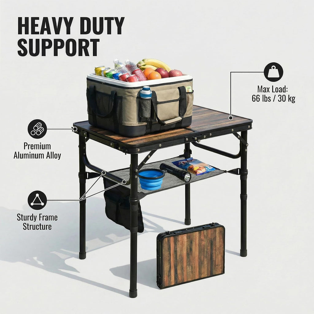Small Folding Camping Table, 2ft Portable Picnic Table Aluminum 24" x 16" Folding Table, 3 Adjustable Heights