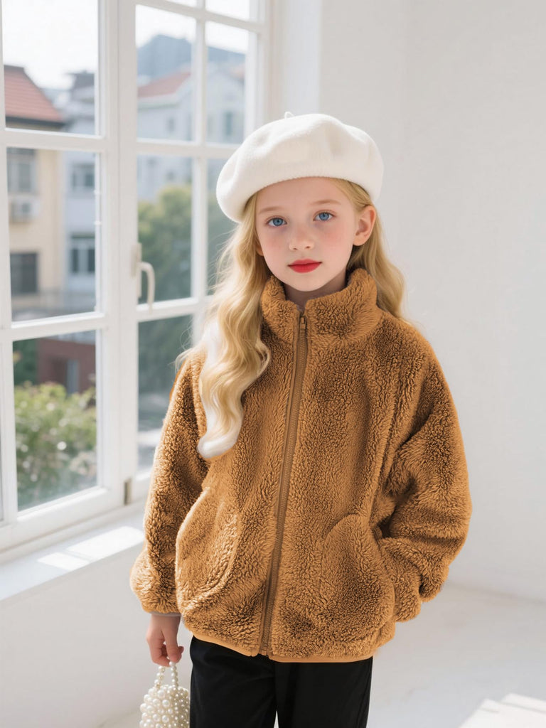 Toddler Fleece Jacket Girls Polar Fleece Lightweight Outerwear Boys Stand Collar Zip Up Warm Coat Fall Clothes Khaki