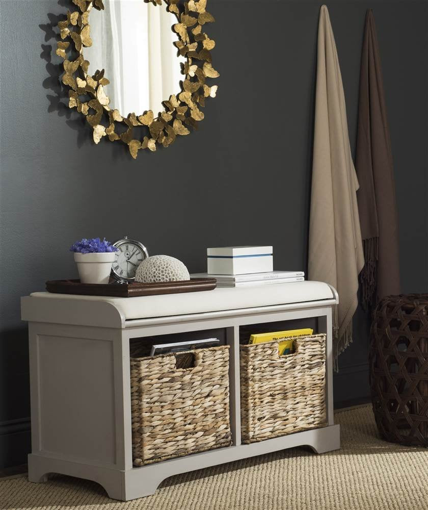 Freddy 2-Basket Storage Bench - Vintage Grey - Solid Wood - Coastal Basket Storage Design - Ideal, 18"
