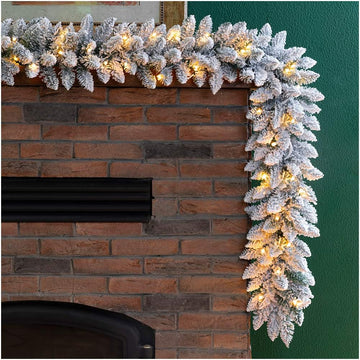 For Mantle, Pre-Lit Snow Flocked Christmas Garland with Warm White LED Lights and Timer for Fireplace, Dining Table