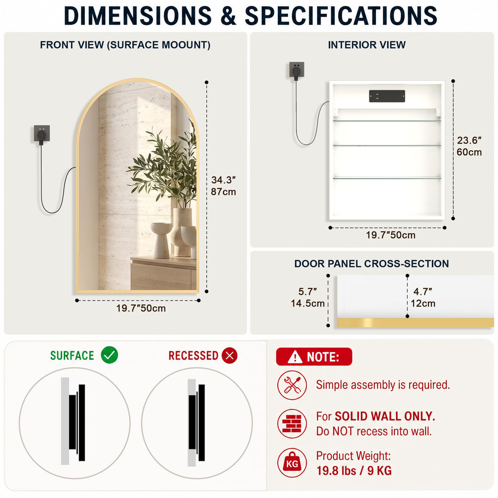 20"x34" Medicine Cabinet Mirror with Power Outlet, Surface Mount