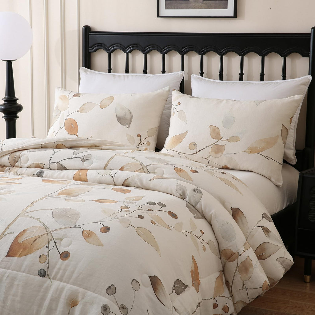 Linen Leaves Comforter Set Queen Size 3 Pieces Natural French Flax Linen Bedding Soft Breathable Moisture Wicking