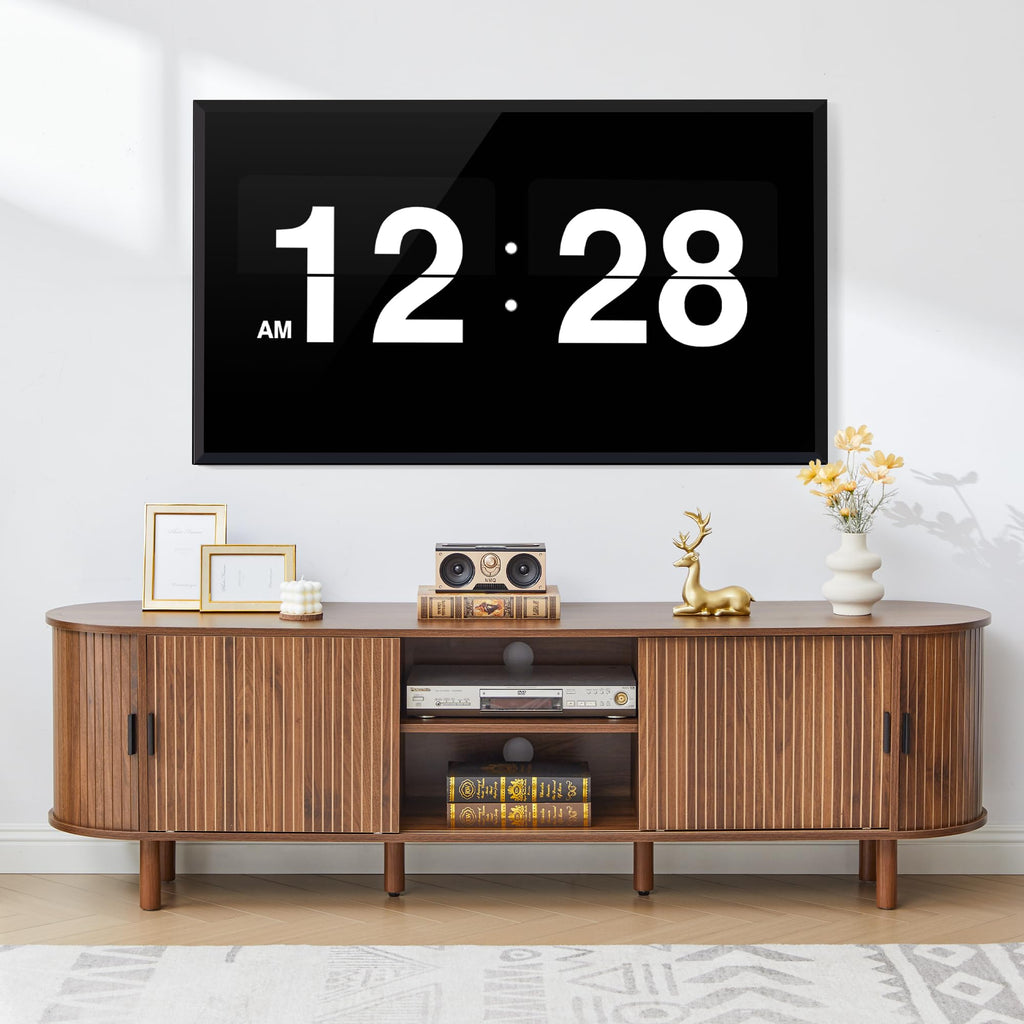 70-Inch Mid Century Modern TV Stand, Curved Entertainment Center with Fluted Sliding Doors, Storage Cabinet for TVs