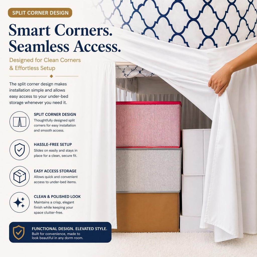 Dorm Bed Skirt, 100% Microfiber College Bed Skirt Ruffle with Split Corners, Twin XL 32 Inch Drop, White