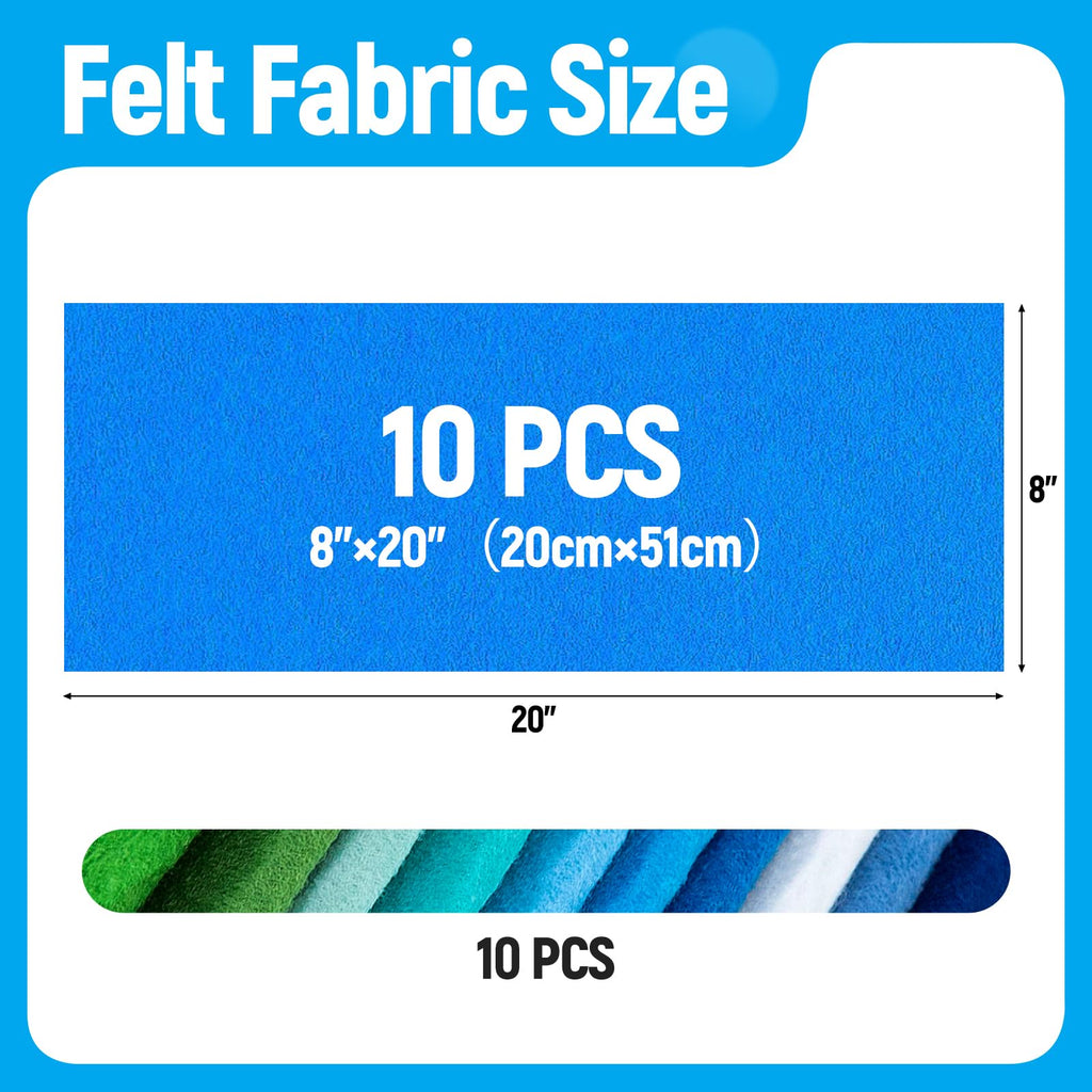 10 Sheets Felt Fabric for Crafts, 8x20 Inch 1.4mm Thick (Blue)