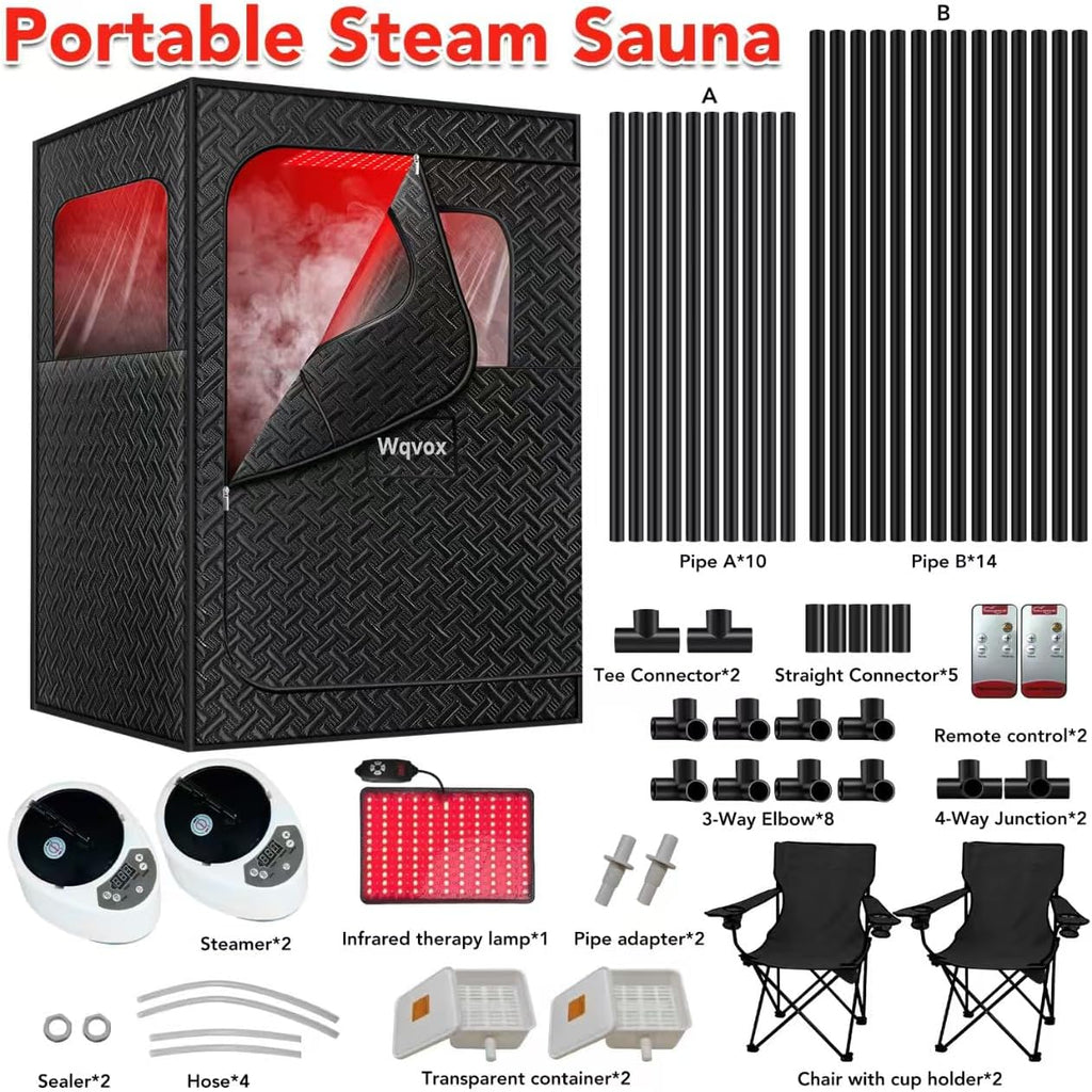 Double Infrared Steam Sauna, Portable Infrared Sauna, Enlarged Size and Two 3L Steamers, Two Upgrade Chairs