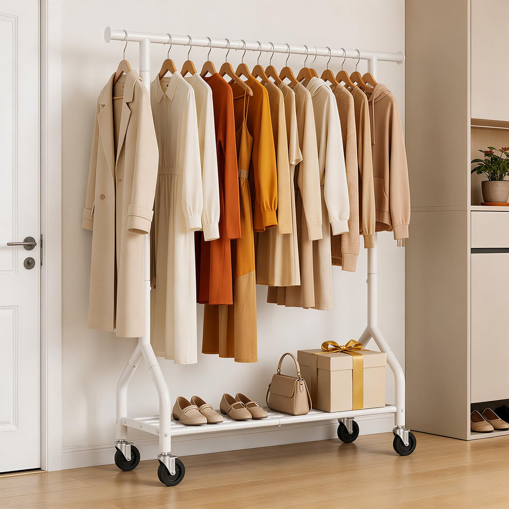 Rolling Clothes Rack with Shelf, Garment Rack Load 210Lbs, White