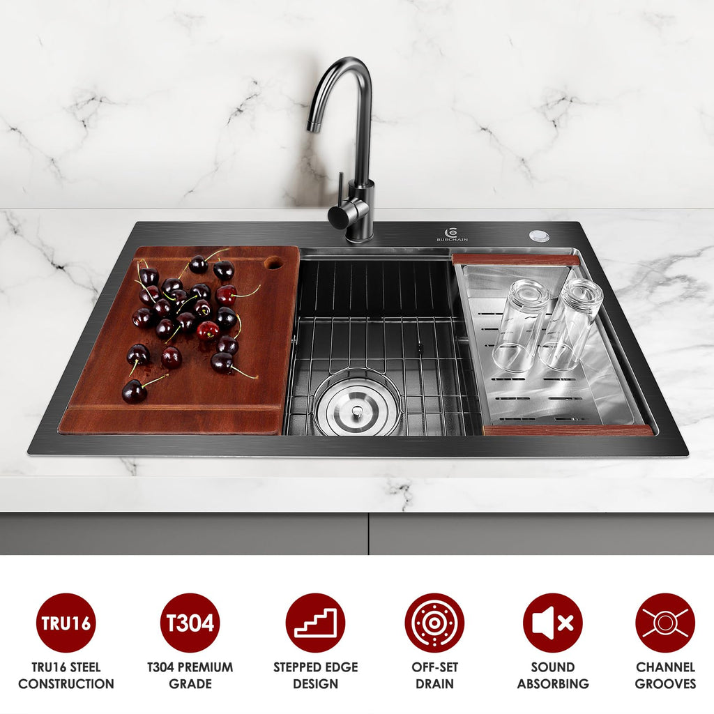 30 Inch Stainless Steel Kitchen Sink 16 Gauge Drop In Single Bowl Workstation Sink 2-Hole Top Mount Kitchen Basin