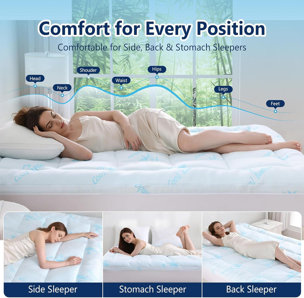 100% Waterproof Queen Mattress Topper, Viscose Derived from Bamboo | Cooling Pillow Top Memory Foam Mattress Topper