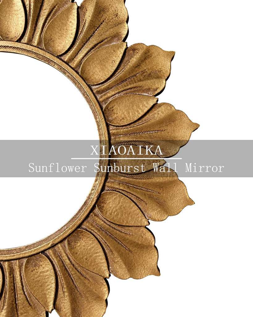 Sunflower Sunburst Wall Mirror, 22" Distressed Gold Wooden Frame