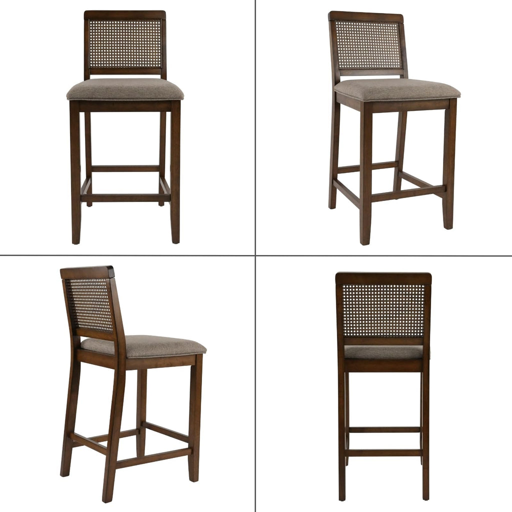 26" Rattan Bar Stools Set of 4, Farmhouse Chenille Upholstered Counter Height Stools with Cane Woven Back, Mid