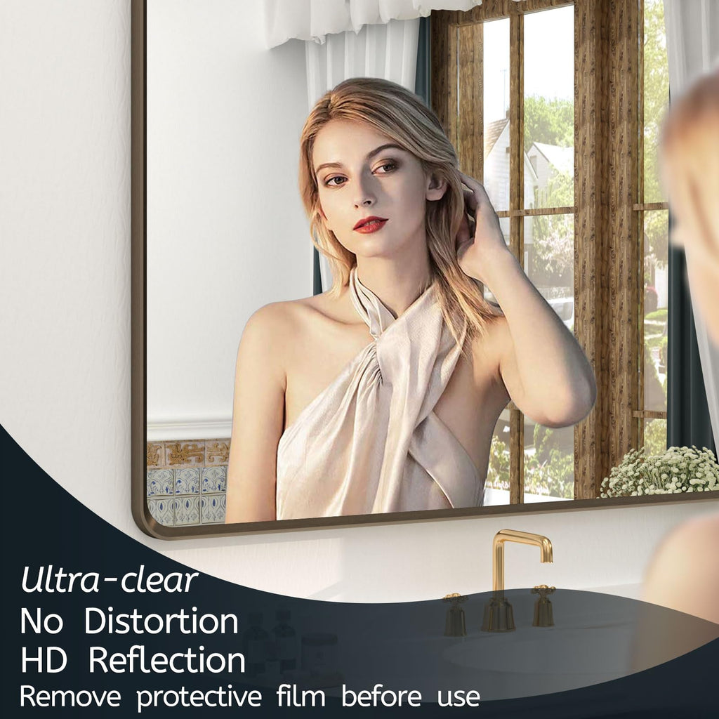 44x36 Bronze Bathroom Vanity Mirror, Brushed Metal Framed Bathroom Mirror, Rounded Bronze Rectangle Mirror for