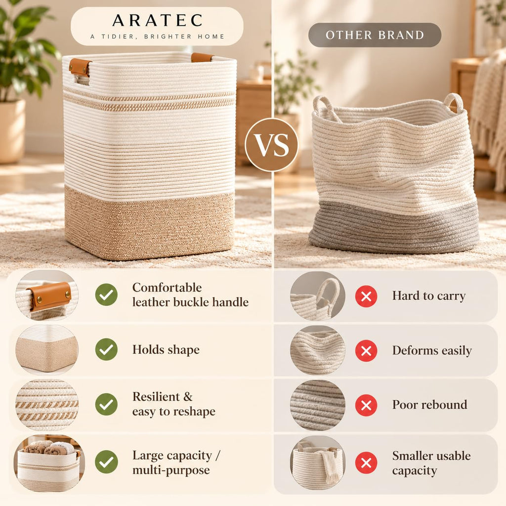 Laundry Hamper, Cotton Rope Laundry Basket with Leather Handles, 21.1-Gallon/80 L Large Clothes Hampers for Laundry