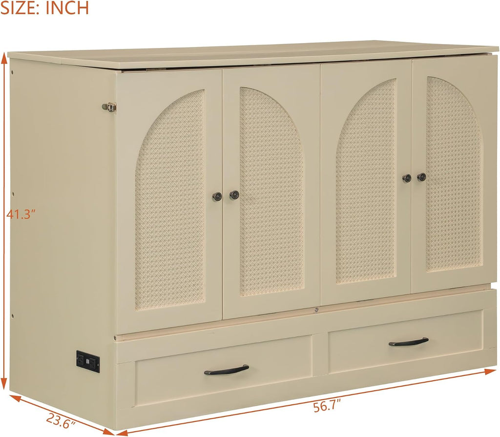 Full Murphy Bed with Charging Station and Large Storage Drawer, Foldable Pull Out Murphy Chest Bed for Apartments