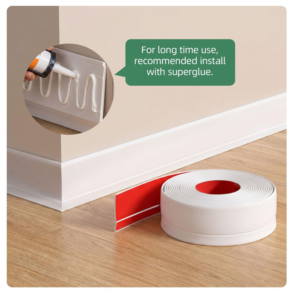 32.8ft Flexible Vinyl Baseboard Trim with Toe, Stick Wall Base