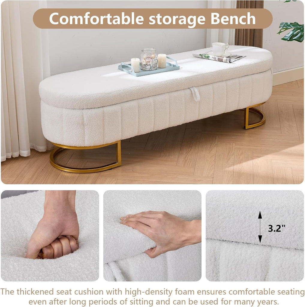 65" Curved Storage Ottoman Bench , Upholstered End of Bed Bench for King Size Bed, Oval Storage Bench with Gold Metal