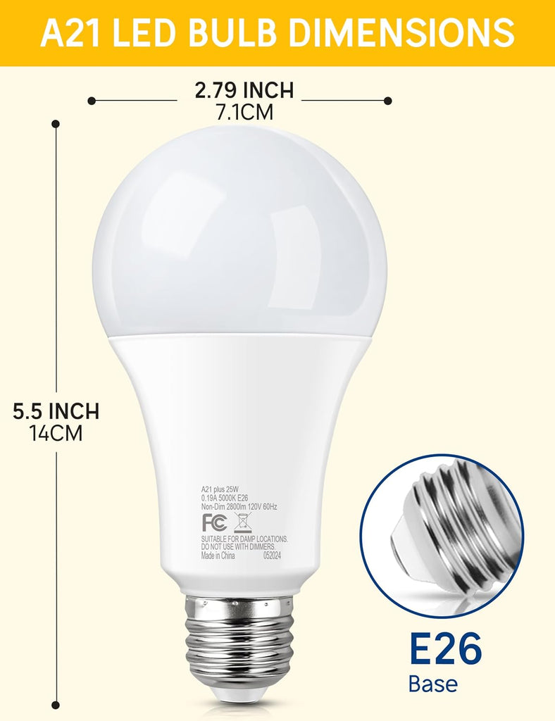 LED Light Bulbs, 25W Bright White 5000K, A21 E26, 2pcs