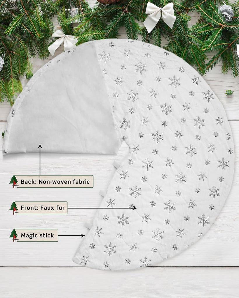 48 Inches Faux Fur Christmas Tree Skirt, Silver Sequin Snowflake
