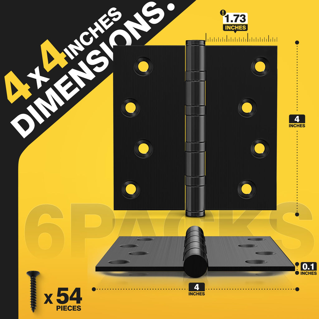 Ball Bearing Door Hinges, 4 x 4 Inches, Matte Black, 6 Pack