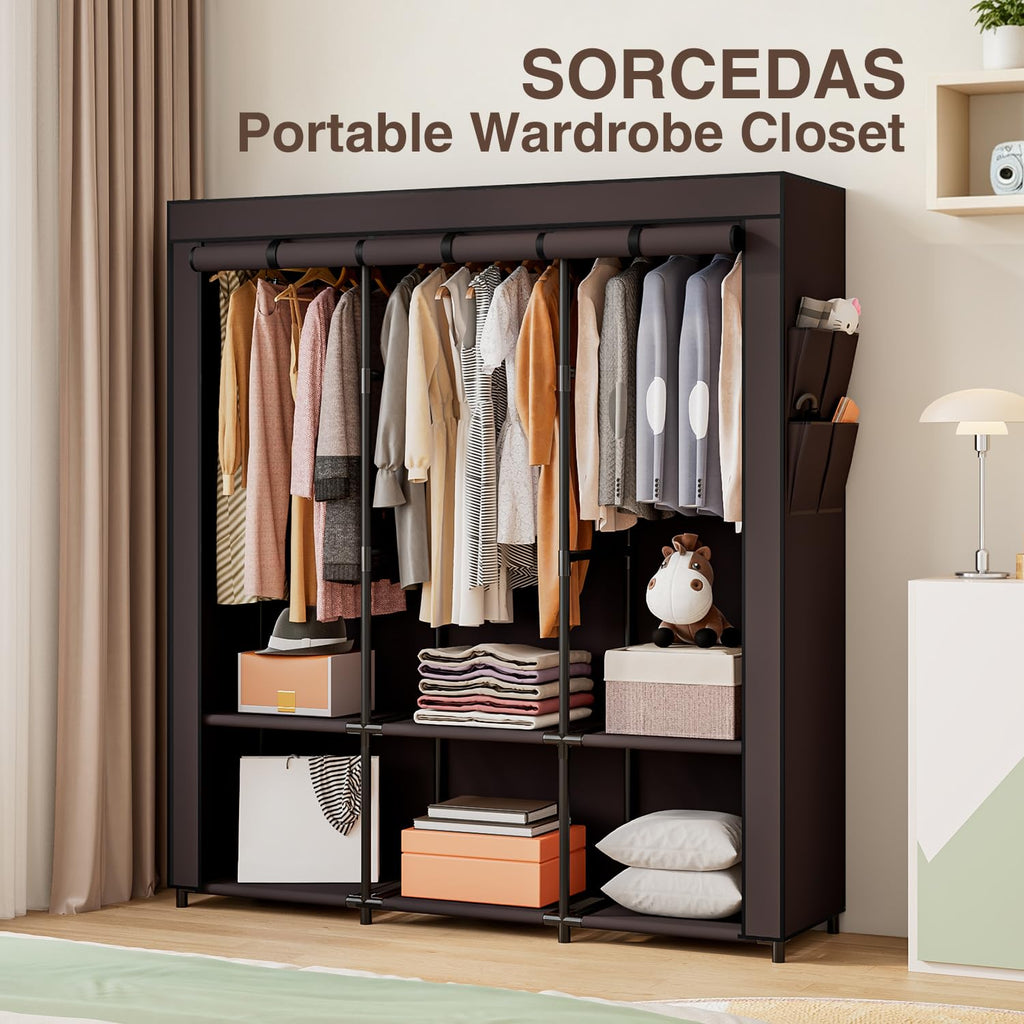 Portable Closet Wardrobe with Hanging Rods Shelves Clothes Storage