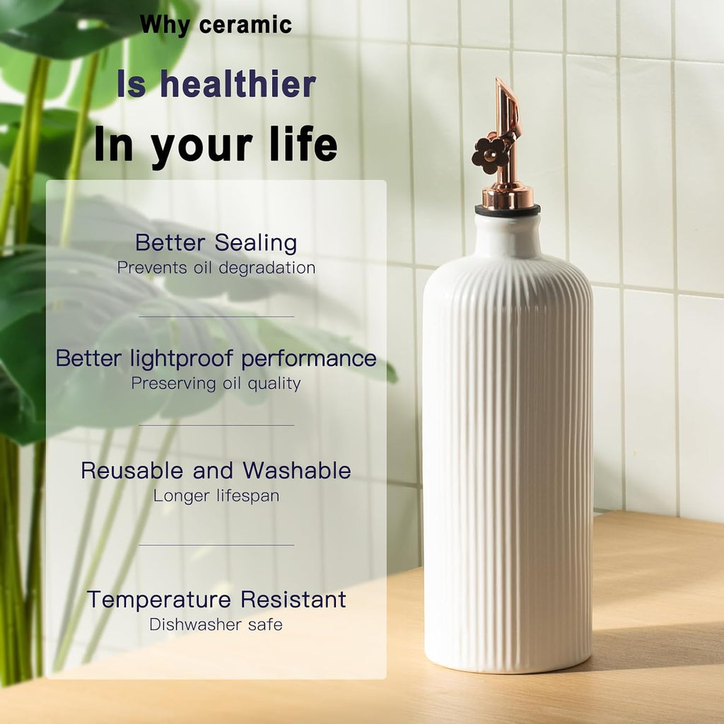 Olive Oil Dispenser Bottle (22 Oz + 14 Oz) - Porcelain Oil and Vinegar Bottles with Stainless Steel Spout - Set of 2