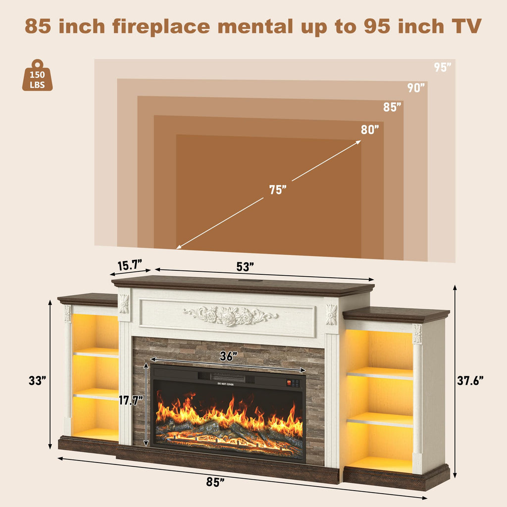 Farmhouse Fireplace with Mantel, 85" W 37.6" H TV Stand for 95" TV, White