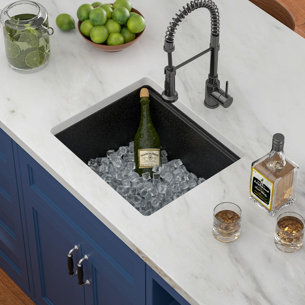 21x18 Inch Black Undermount Granite Composite Bar Sink, Small Quartz Workstation Sink with Ledge, Deep Single Bowl