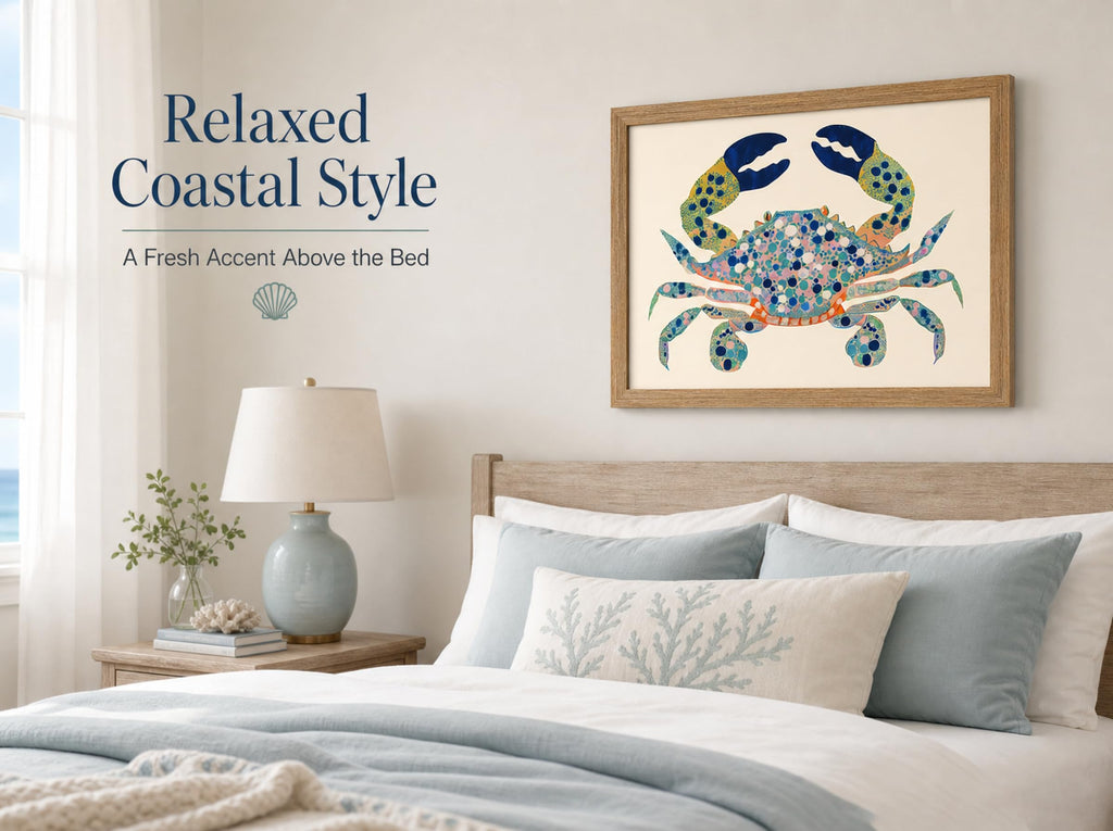 Solid Wood Framed Watercolor Blue Coastal Crab Canvas Wall Art