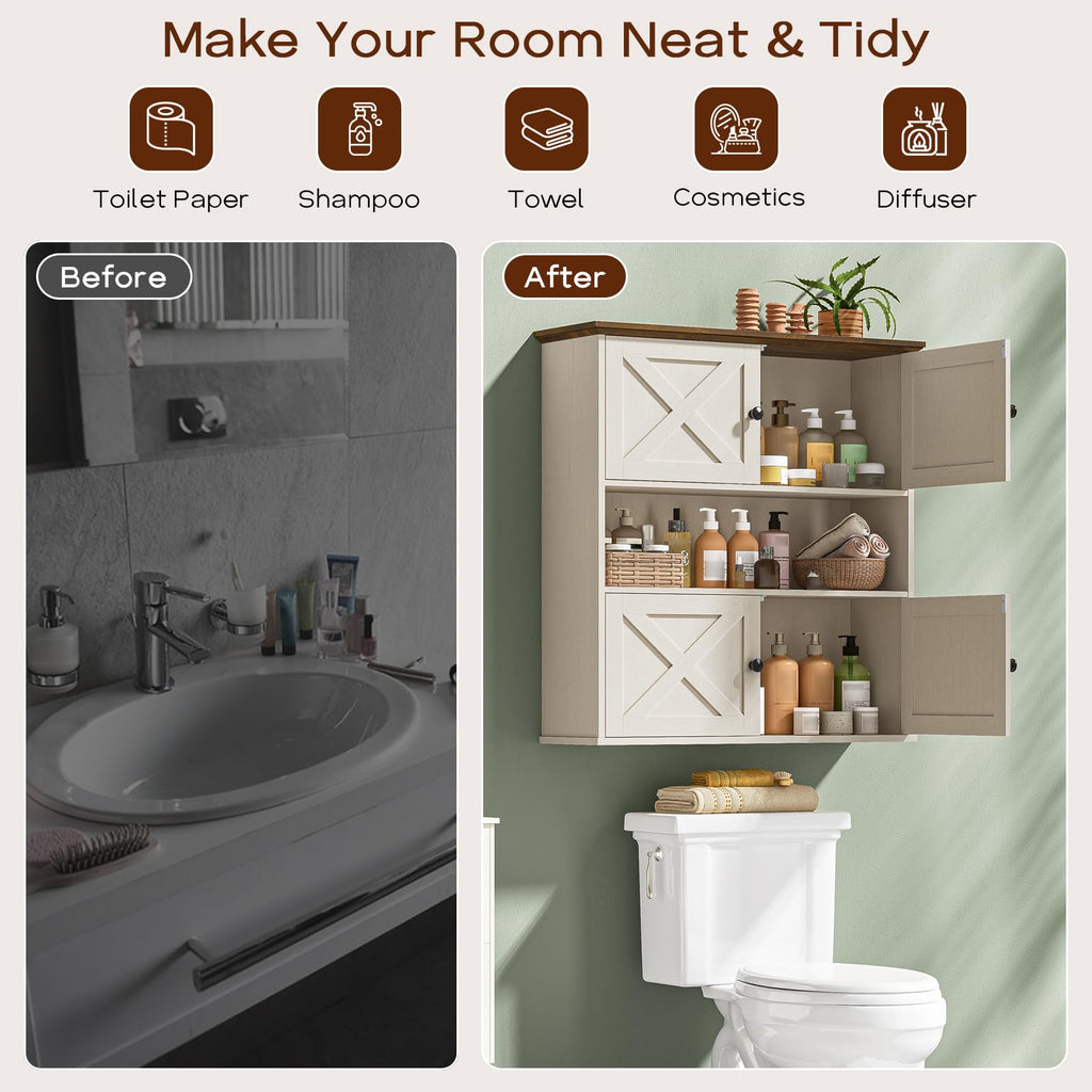 Bathroom Wall Cabinet, Farmhouse Medicine Cabinet with 4 Barn Doors, Large Wooden Vintage Storage Cabinet Wall