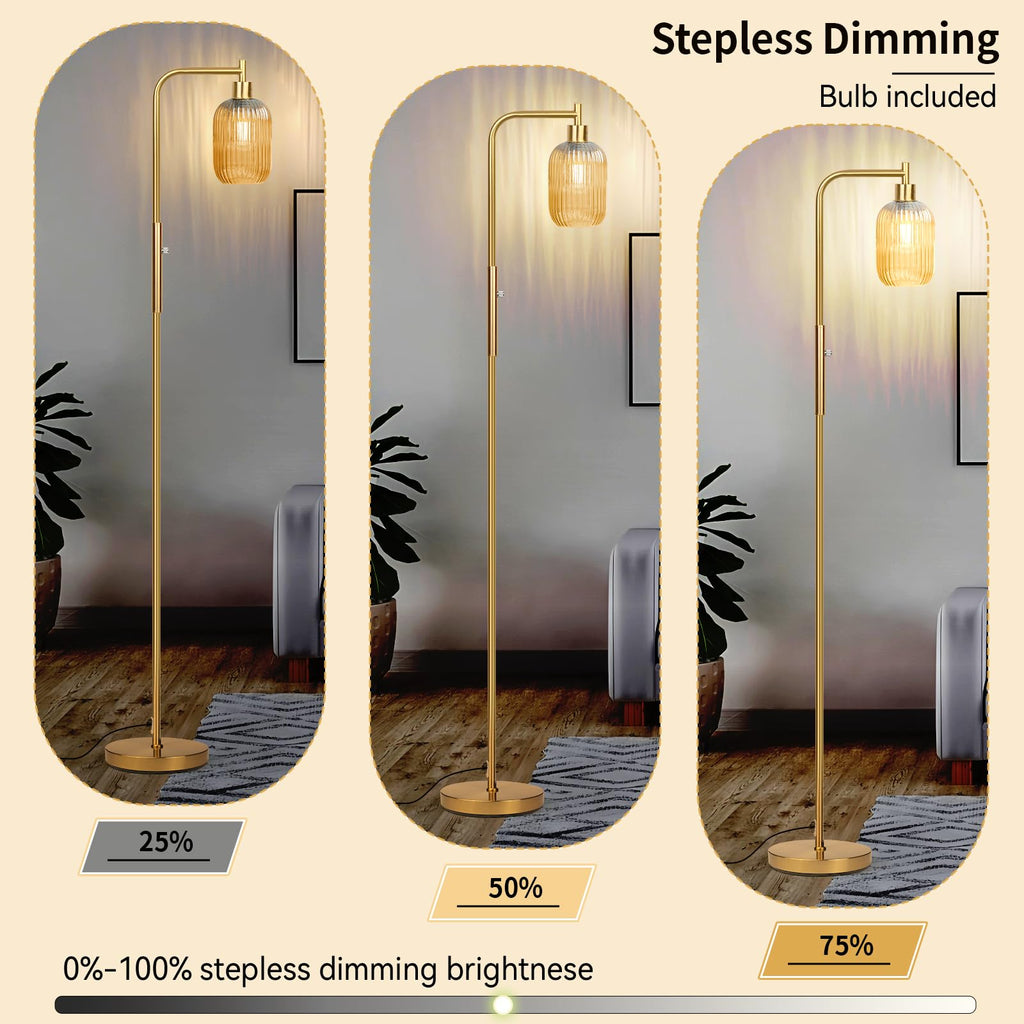 Glass Floor Lamp, Dimmer Standing Lamp with Green Ribbed Lampshade, 66" Tall Lamp & Gold Floor Lamp Study