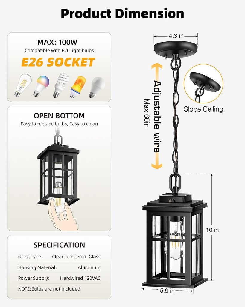 Black Dusk to Dawn Outdoor Pendant Light, Modern Hanging Light Fixture with Tempered Glass