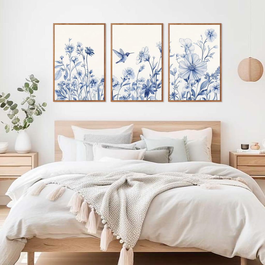 Vintage Blue Bird Flower Framed Canvas Wall Art, Large Chinoiserie Floral Wall Decor, Blue White Botanical Artwork Set