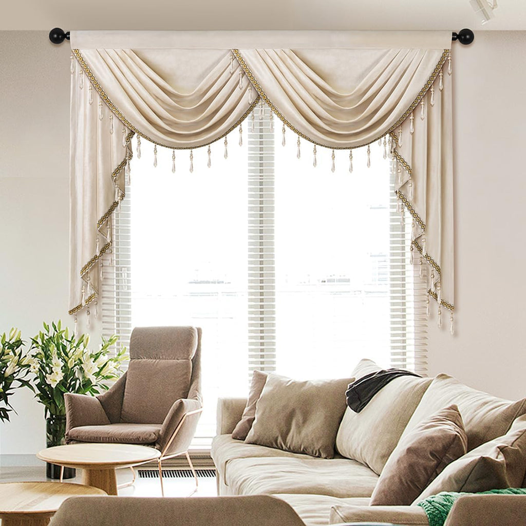 Luxury Cream Velvet Curtain Valances for Living Room with Beads(59inch,1 Panel)