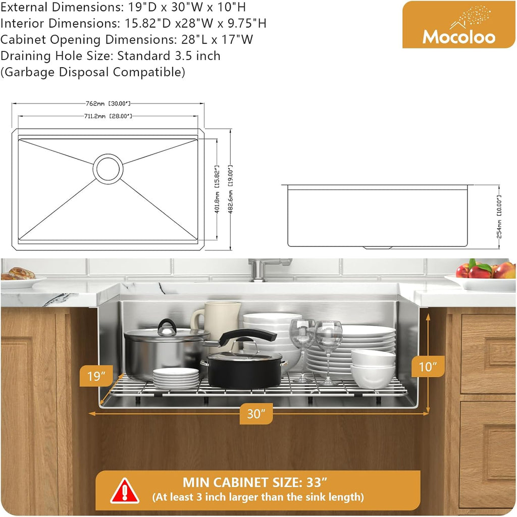 30 Inch Undermount Kitchen Sink - 30x19 Inch Stainless Steel Workstation Sink 16 Gauge Handmade Single Bowl 10" Deep