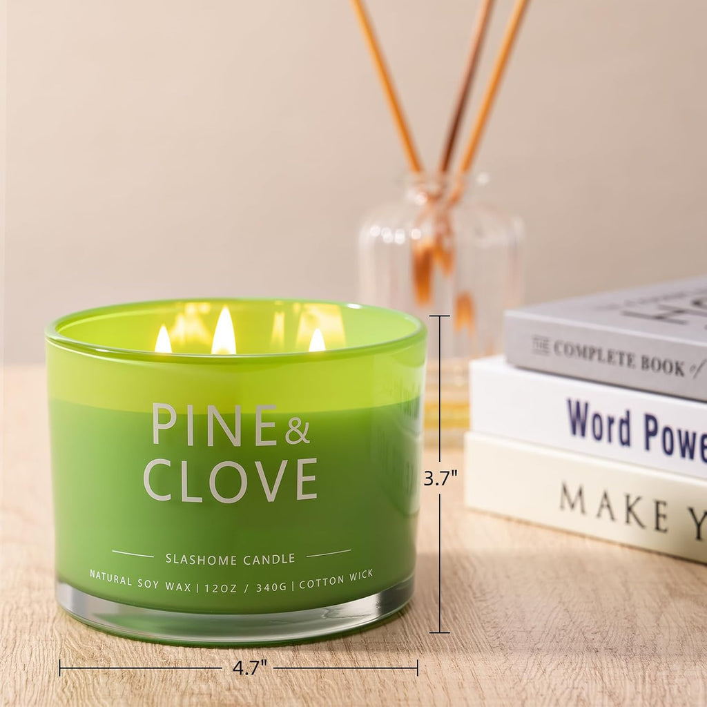 Pine & Clove Scented Candle, Luxury Large 3 Wick Soy Candle 12 Oz, 60+ Hour Long Lasting Clean Burn, Elegant