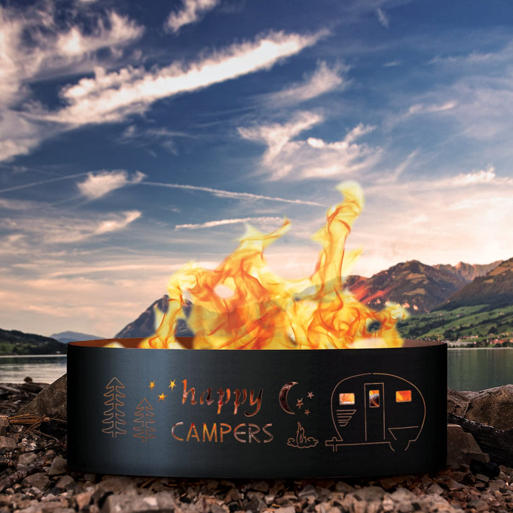 Happy Camper Unpainted 12 in. Tall 30 in. Diameter Outdoor Fire Ring with Fire Poker - 30 x 30 x 12 in.