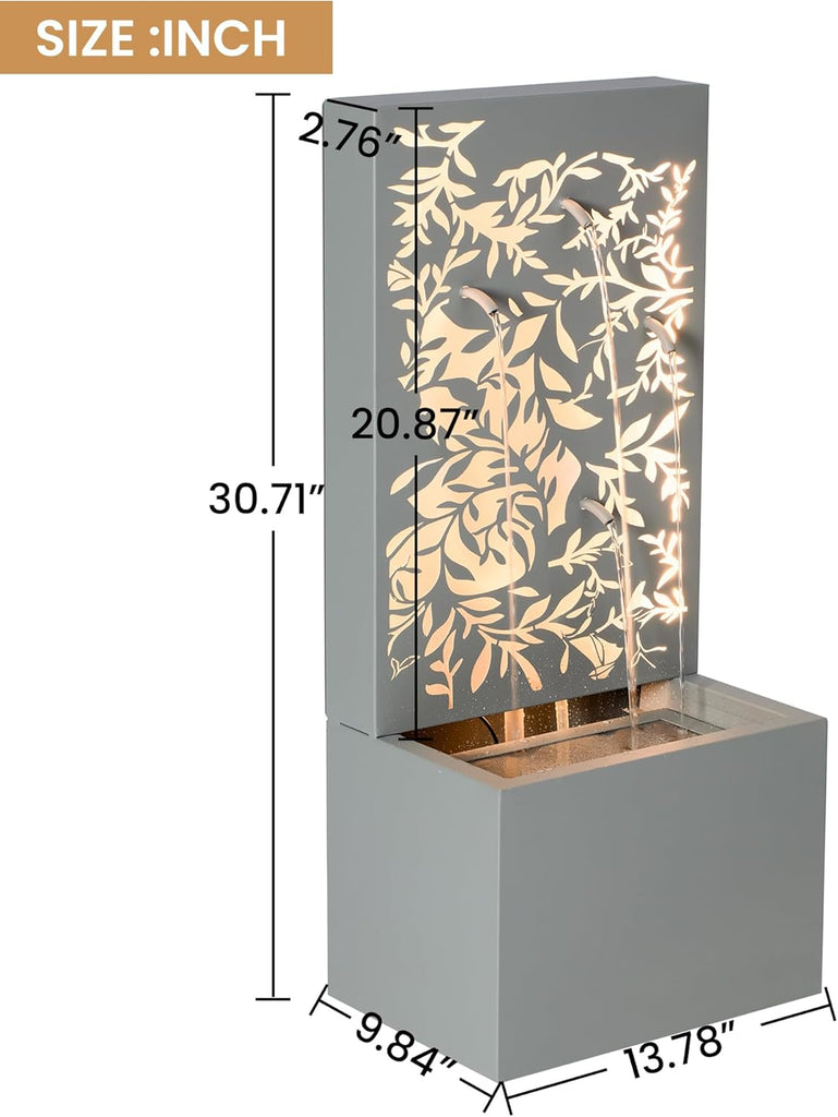 30.71" H Metal Leaf Cutout Outdoor Water Wall Fountain with LED Lights