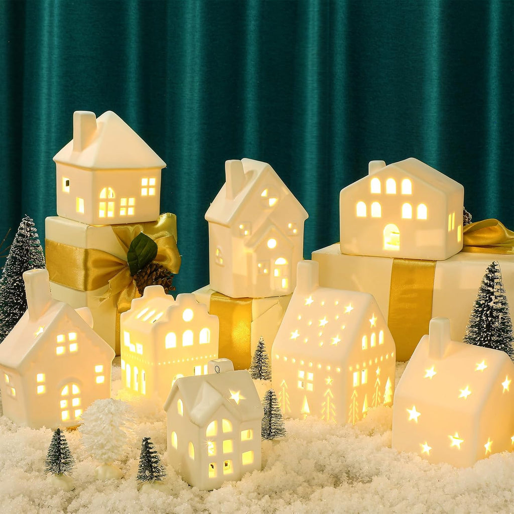26 Pcs Ceramic Christmas Village Set LED Lighted White,Classic