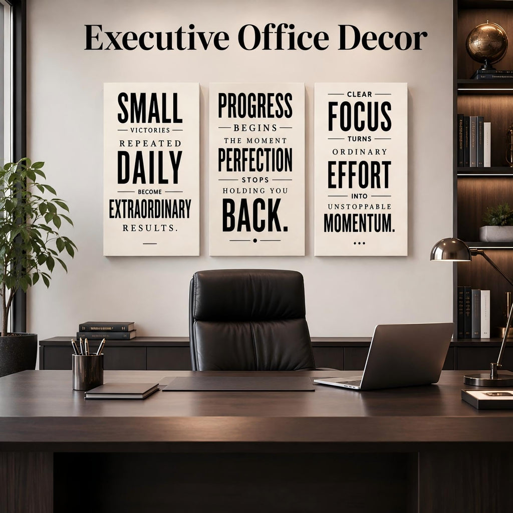Office Motivational Framed Set of 3 Canvas Prints, Minimalist Positive Affirmation Text Art About Progress And Focus