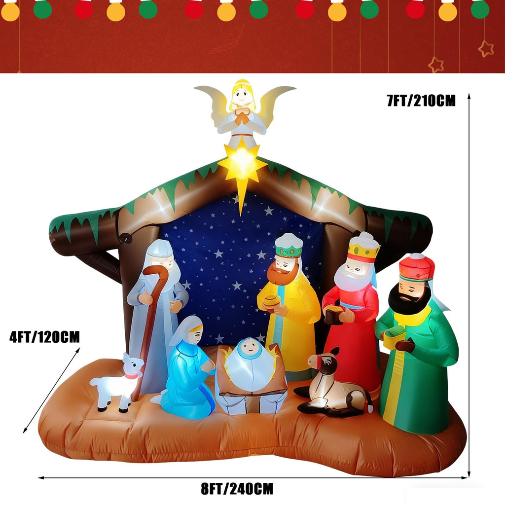 8FT Christmas Inflatables Nativity Scene Outdoor Decorations, Blow Up Yard Decor with Built-in LED Lights, Xmas