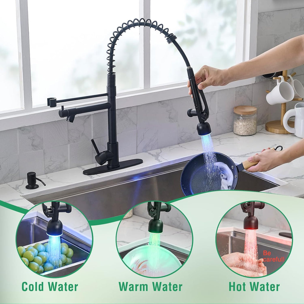 LED Commercial Kitchen Faucets with Pull Down Sprayer Matte Black | Single Handle Faucet Sink, Kitchen Faucet with