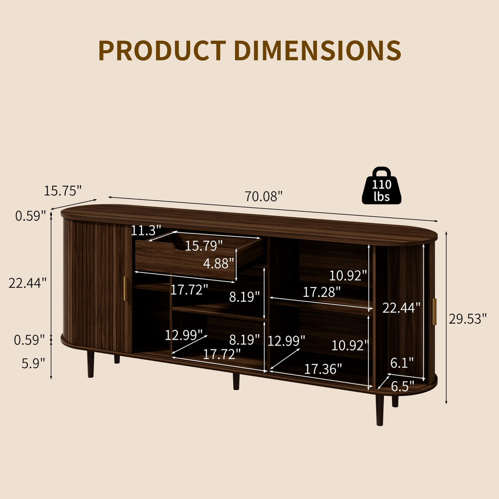 71" Sideboard Buffet Cabinet with Storage, Large Credenza with Sliding Doors and 1 Drawer, Mid Century Modern Coffee