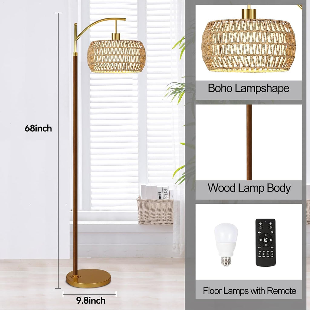 Wood Floor Lamps Arc Boho Floor Lamp with Remote Control & 3 Color Temperatures, Vintage Wicker Rattan Standing Lamp