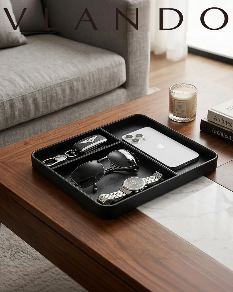 Valet Tray, PU Leather Nightstand Organizer with Divider