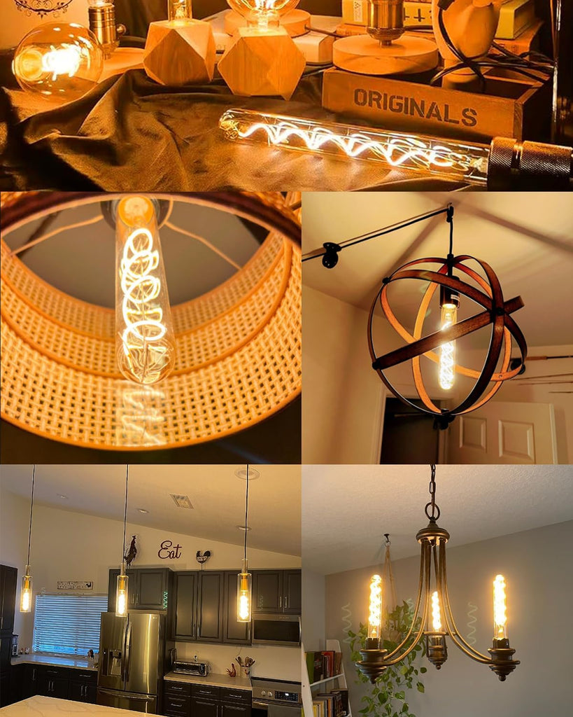 Vintage LED Spiral Filament Bulb T10, 11.8inch Long Tubular Dimmable Edison Light Bulbs,E26 Base,Amber Glass,Warm