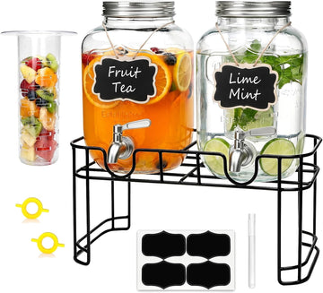 1-Gallon Drink Dispenser,2 Pack Glass Drink Dispenser with Tin Lid - Set of 2