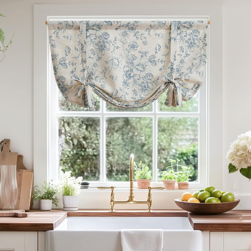 Tie Up Curtain Double Layer Linen Roman Shades Valance Curtain Floral for Bathroom Window Living Room Cafe Farmhouse