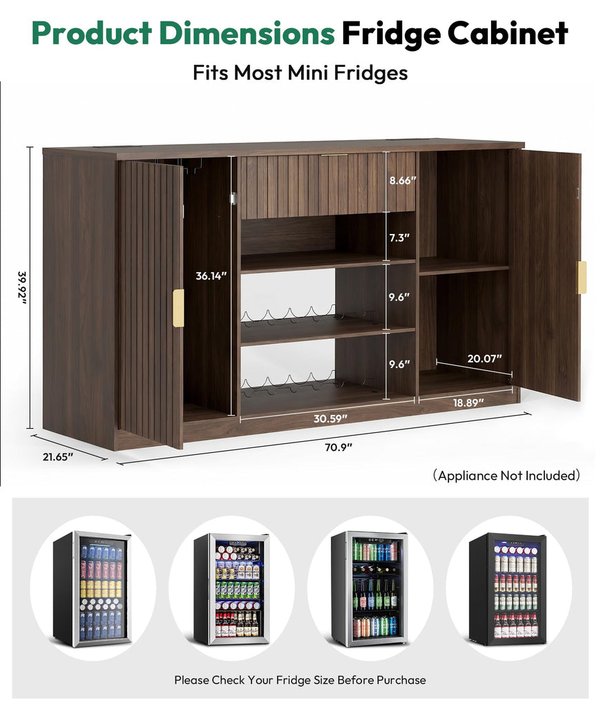 71" Coffee Bar Cabinet with 2 Fridge Space, Holder & Wine Racks